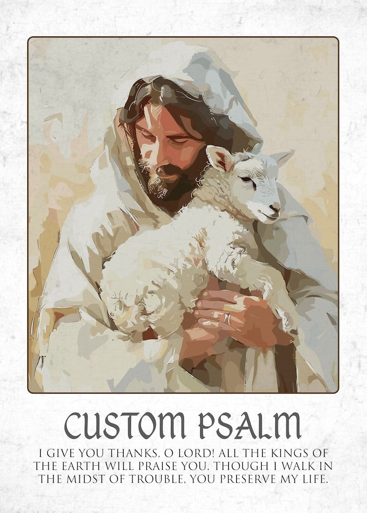 Illustration of a man holding a lamb with a custom Psalm text below on a light background