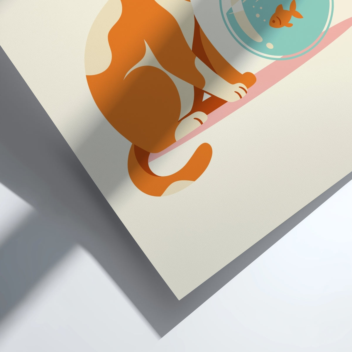 Minimalist poster showing a ginger cat looking at a goldfish in a glass bowl.