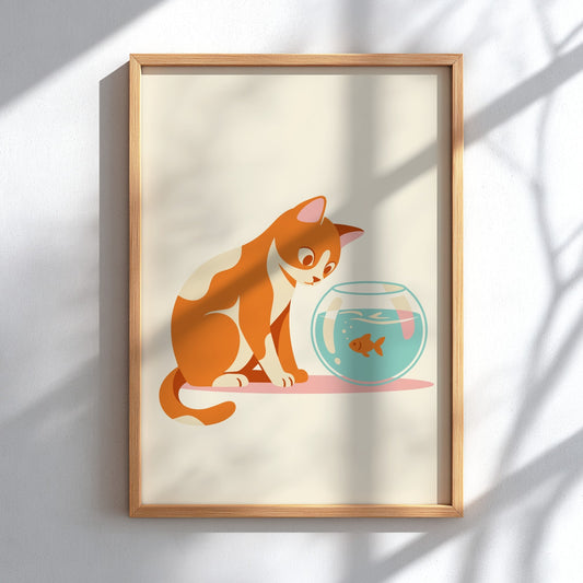 Minimalist poster showing a ginger cat looking at a goldfish in a glass bowl.