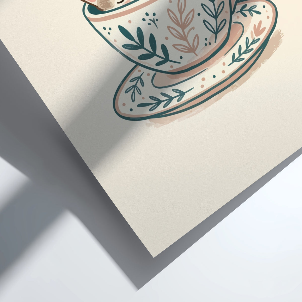Poster of a small tabby kitten sleeping inside a floral patterned tea cup saucer