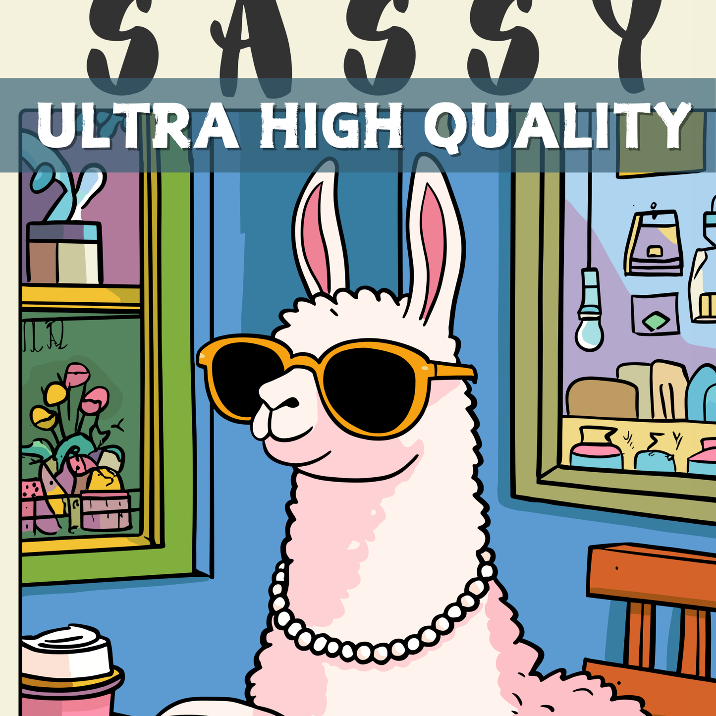 Sassy Since Birth – Funny Llama Poster, Quirky Coffee Shop Art, Whimsical Café Illustration