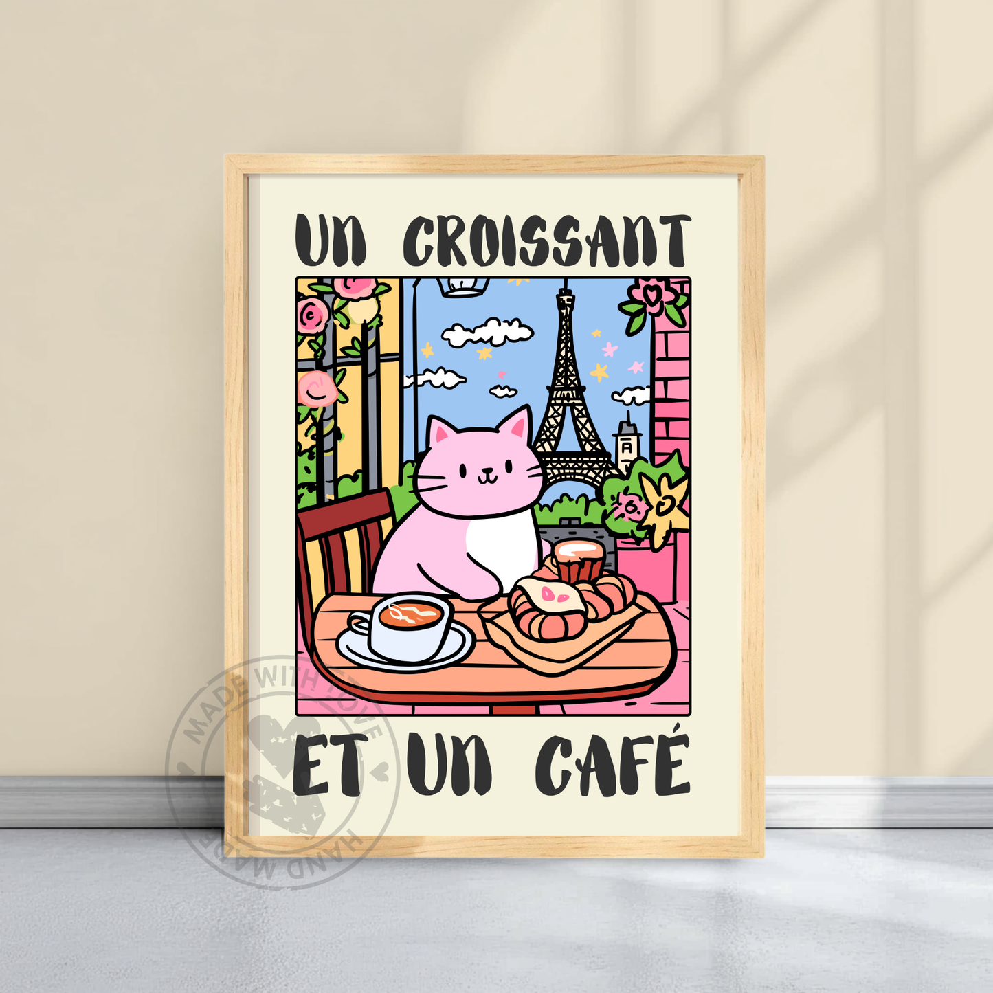 Un Croissant et Un Café – Funny Pink Cat Poster, Parisian Kitchen Art, Eiffel Tower Illustration