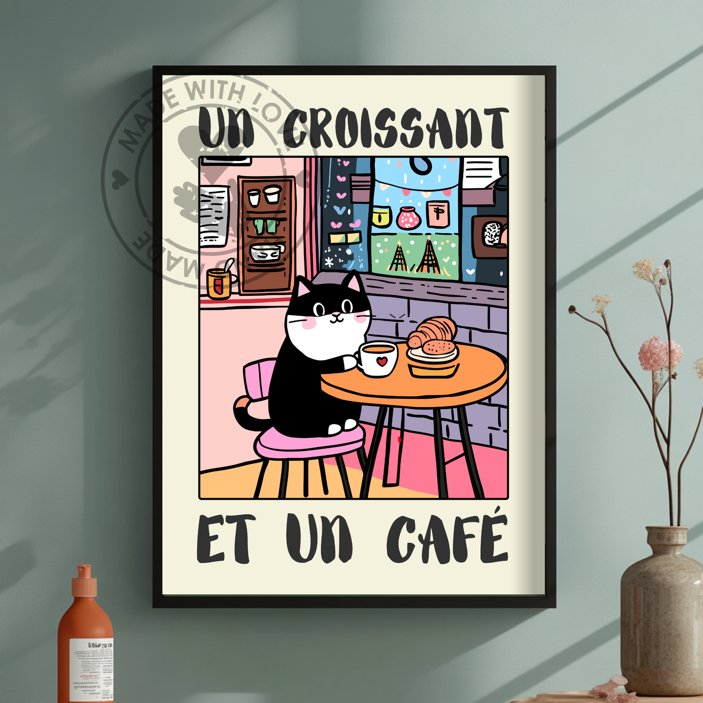 Un Croissant et Un Café – Funny Cat Poster, French Breakfast Art, Vintage Bistro Illustration