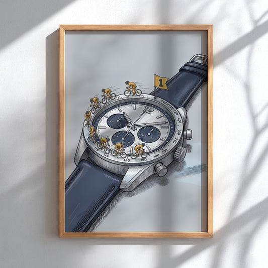 Poster featuring cyclists racing around a silver watch face with a yellow flag.