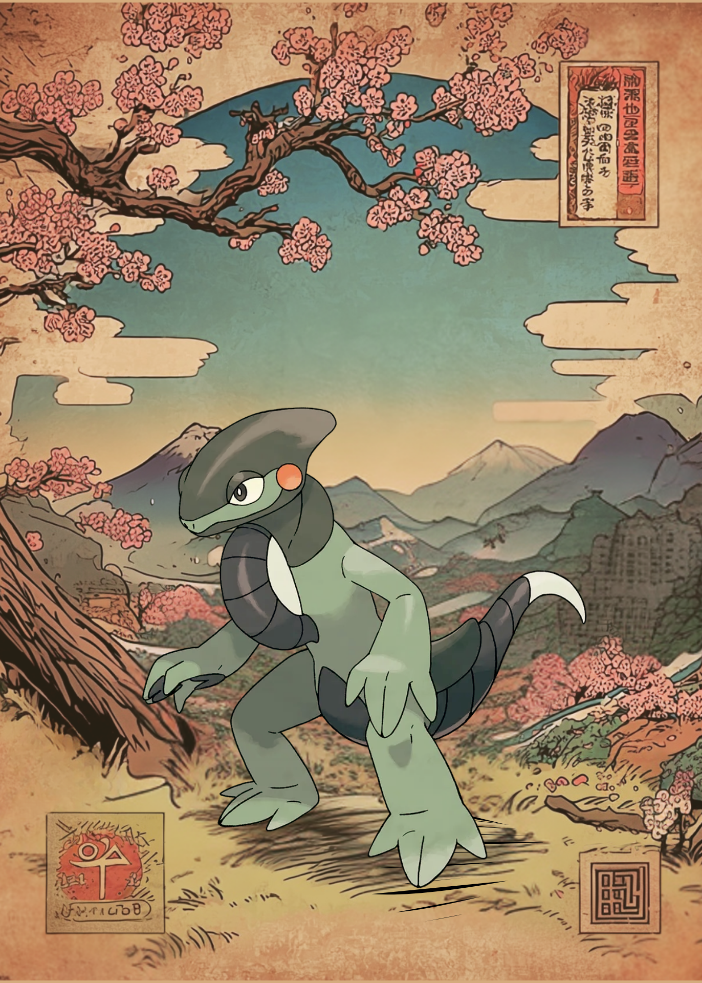 Cyclizar Pokemon character in a stylized Japanese landscape with cherry blossoms and mountains.