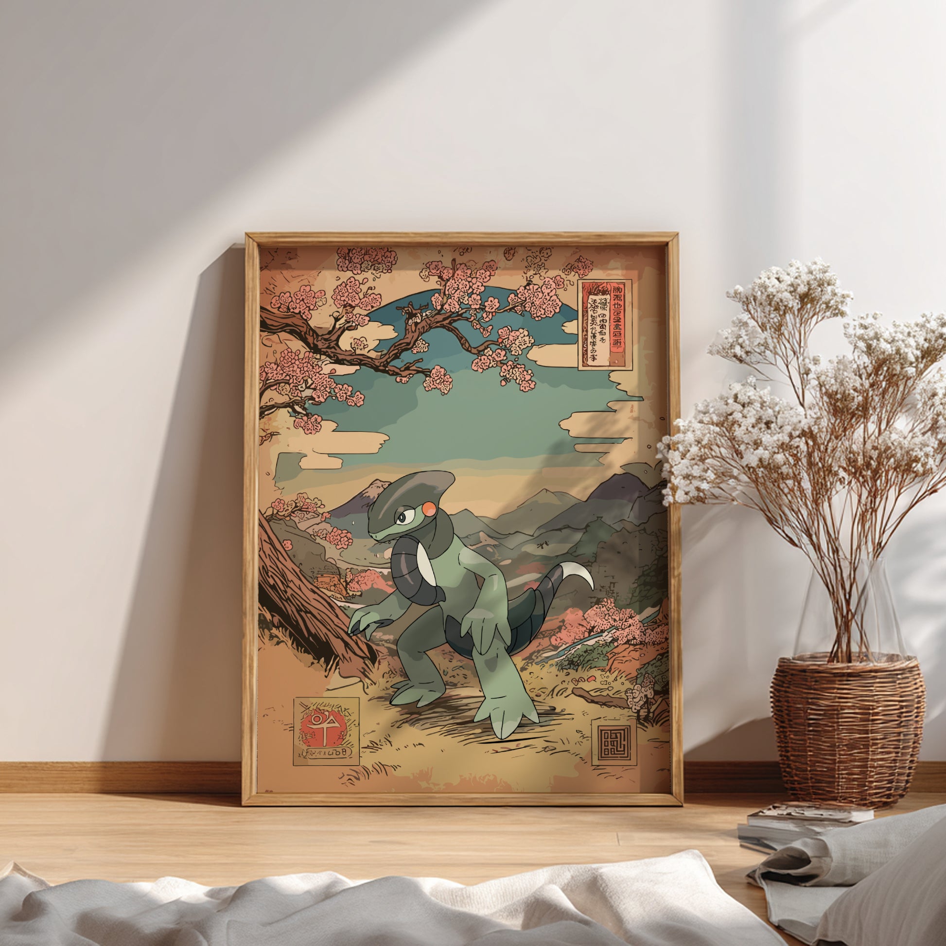 Framed artwork of Cyclizar Pokemon character in a garden with cherry blossoms on a wall.