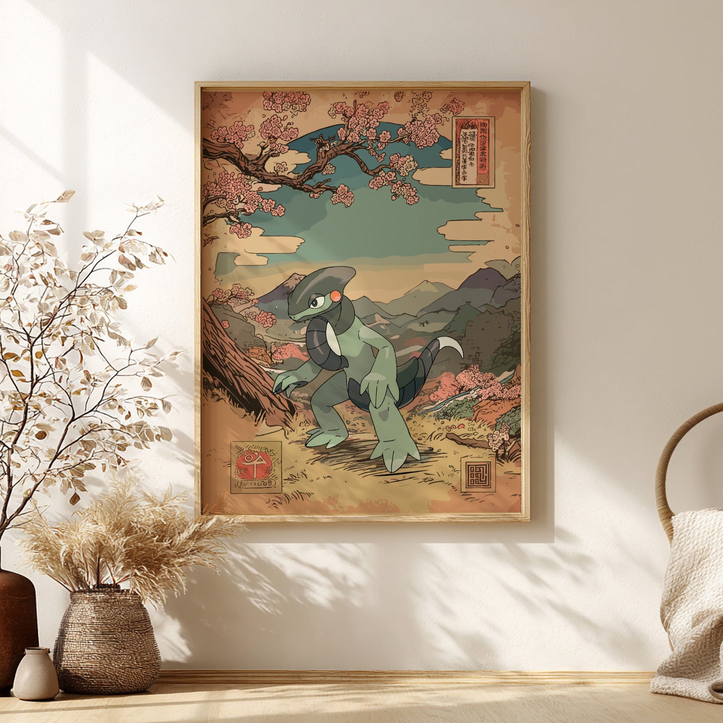 Framed artwork of a traditional Japanese scene with Cyclizar Pokemon and cherry blossoms on a wall.