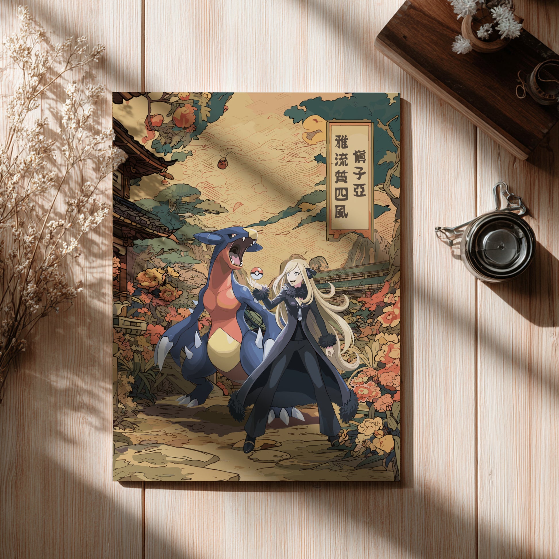 Anime-style illustration of Cynthia and Garchomp Pokemon on a decorative box with floral and architectural elements.