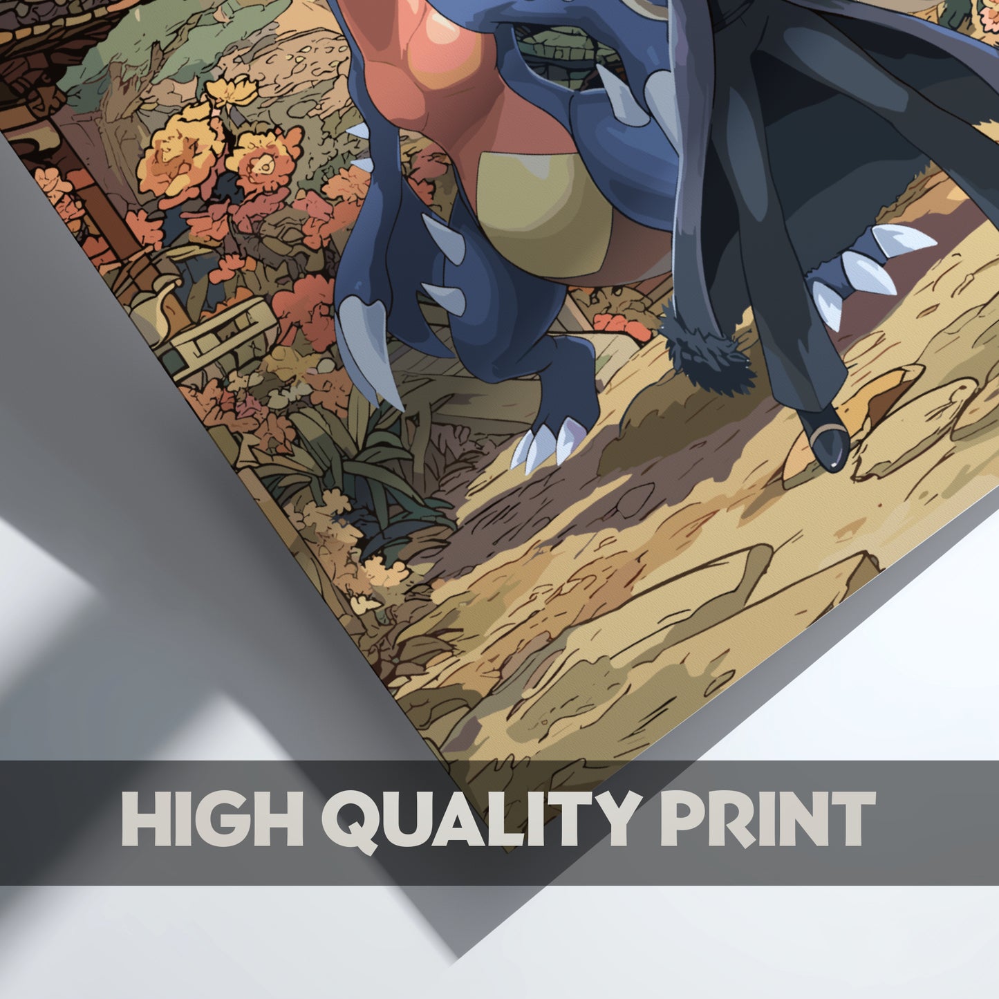 Cynthia and Garchomp Pokemon characters with a high quality print label