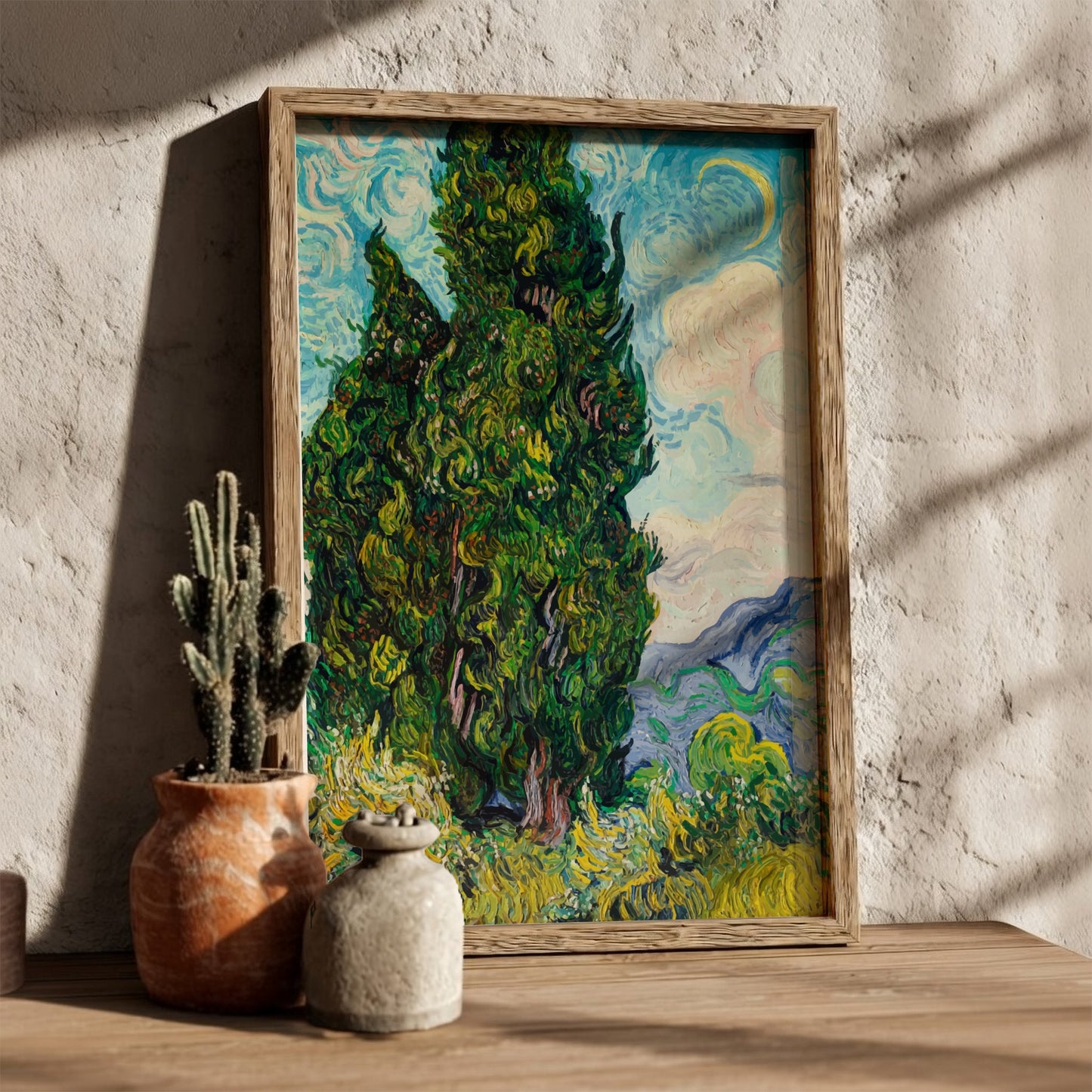 Vincent Van Gogh's "Cypresses" art poster, featuring a tall green tree against a swirling blue sky and