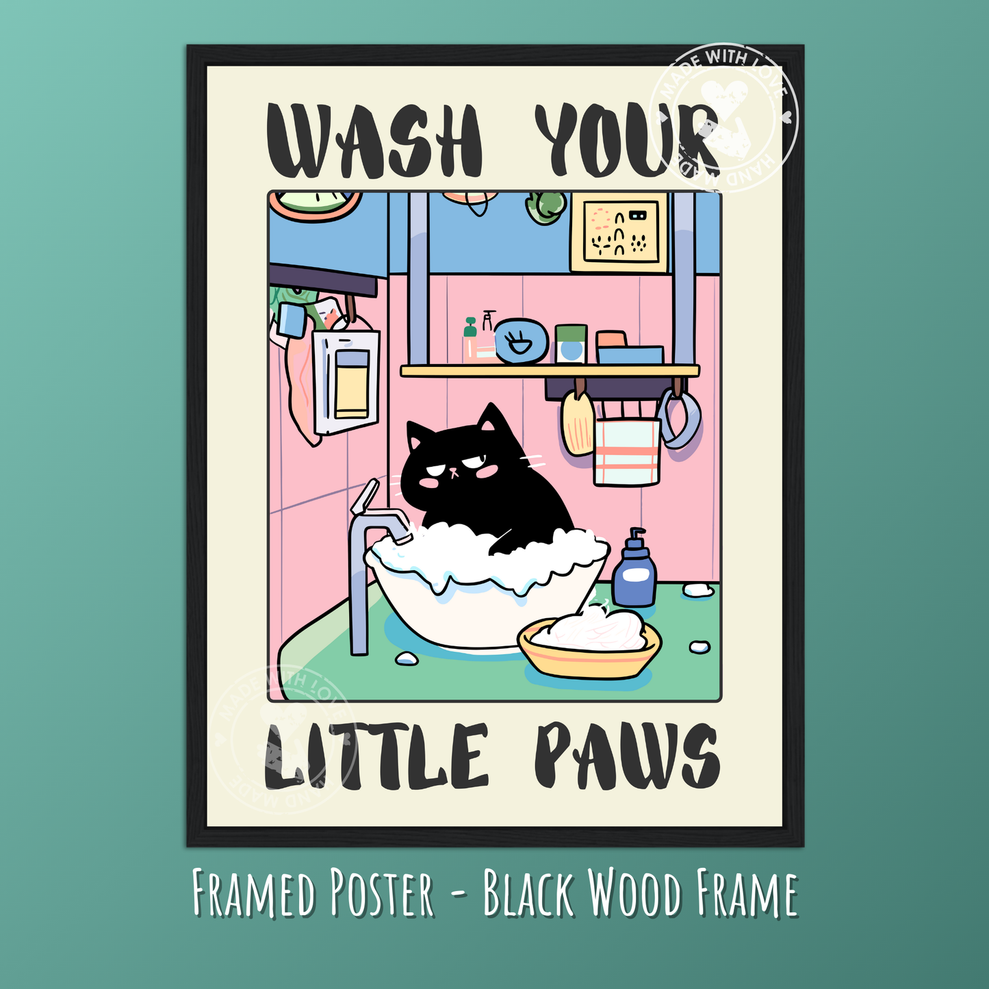 Wash Your Paws Black Cat Print – Funny Bathroom Poster