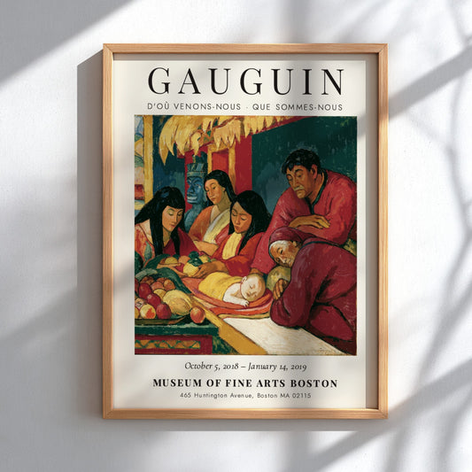 Gauguin exhibition poster featuring D'où Venons-Nous artwork with warm colors and serene figures