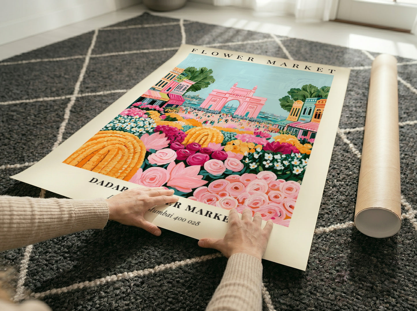 Dadar Flower Market print featuring vibrant flowers and the Gateway of India in a colorful, lively style.