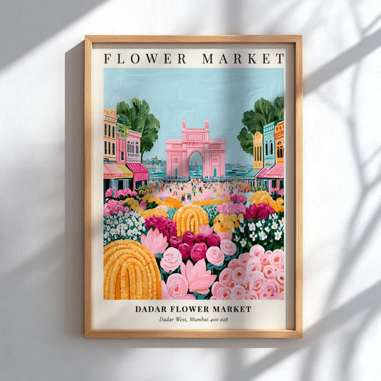Dadar Flower Market print featuring vibrant flowers and the Gateway of India in a colorful, lively style.