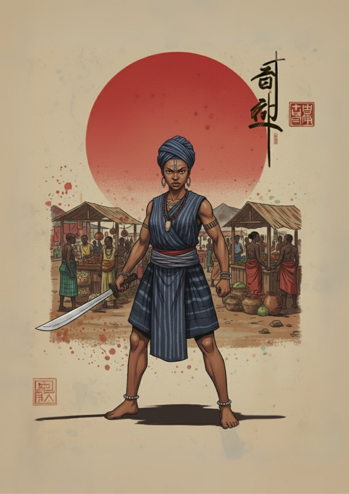 Illustration of a warrior with a sword in front of a market scene and red sun in the background