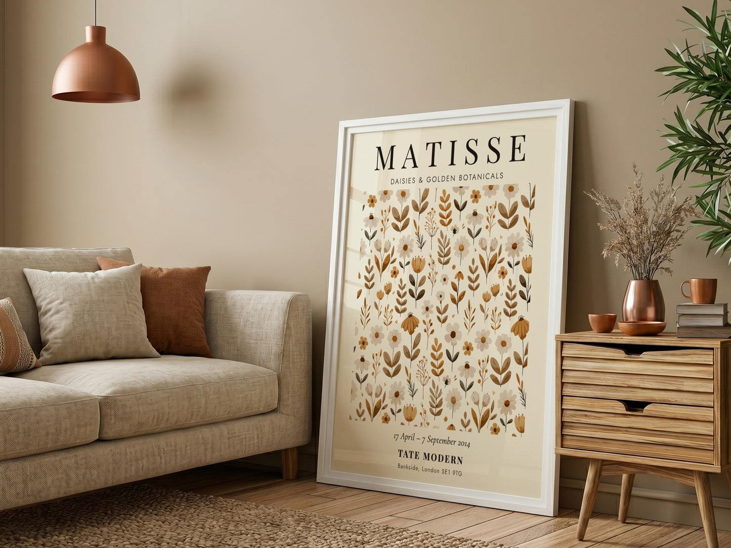Henri Matisse poster featuring floral elements in warm golden tones, ideal for home decor and wall art.