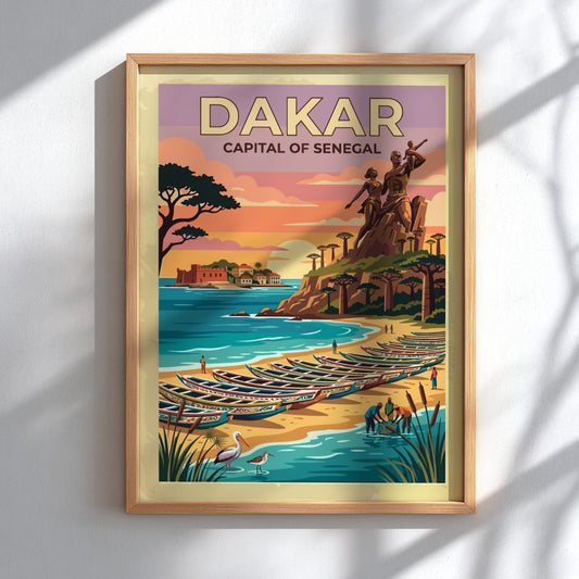 Travel poster of Dakar Senegal featuring the Renaissance monument and fishing boats at sunset
