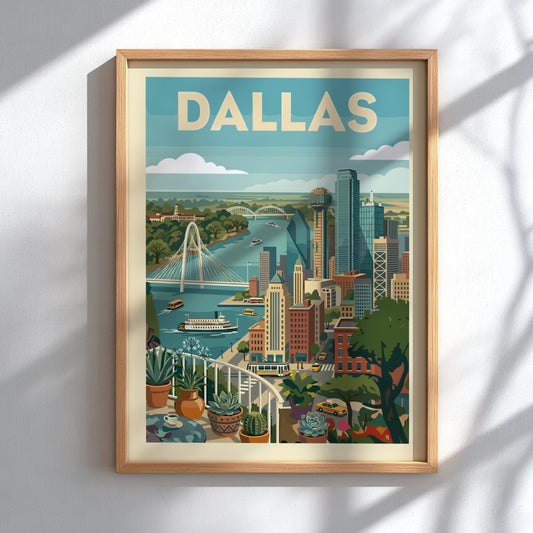 Mid-century modern art print of the Dallas skyline with skyscrapers and a river, featuring a warm color