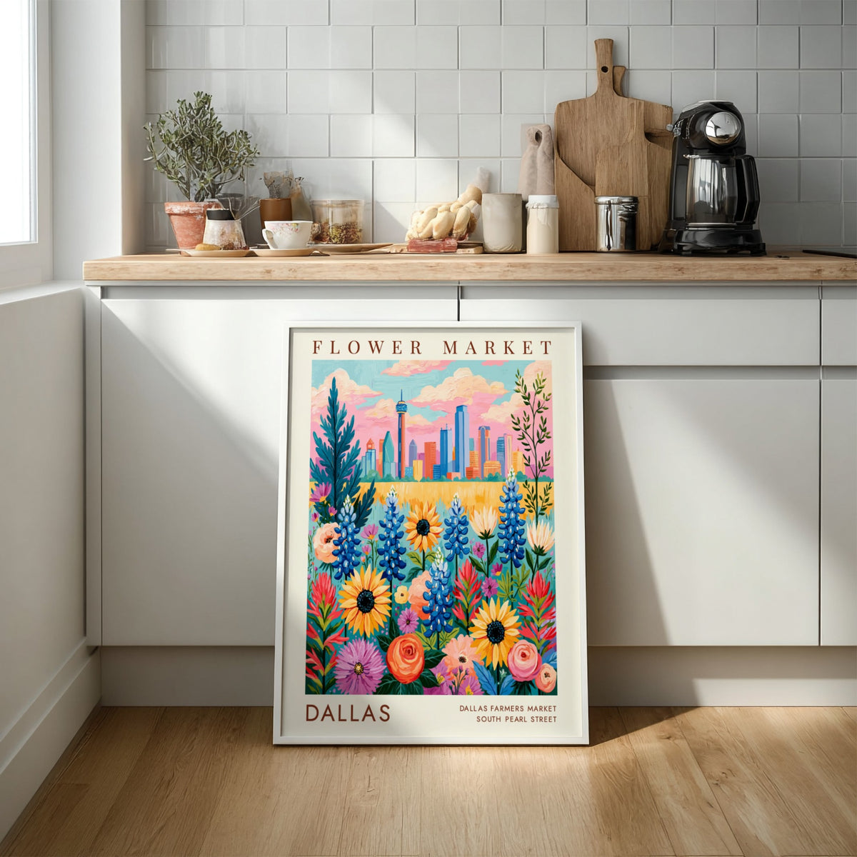 Flower market poster featuring colorful blossoms and Dallas skyline in vibrant colors