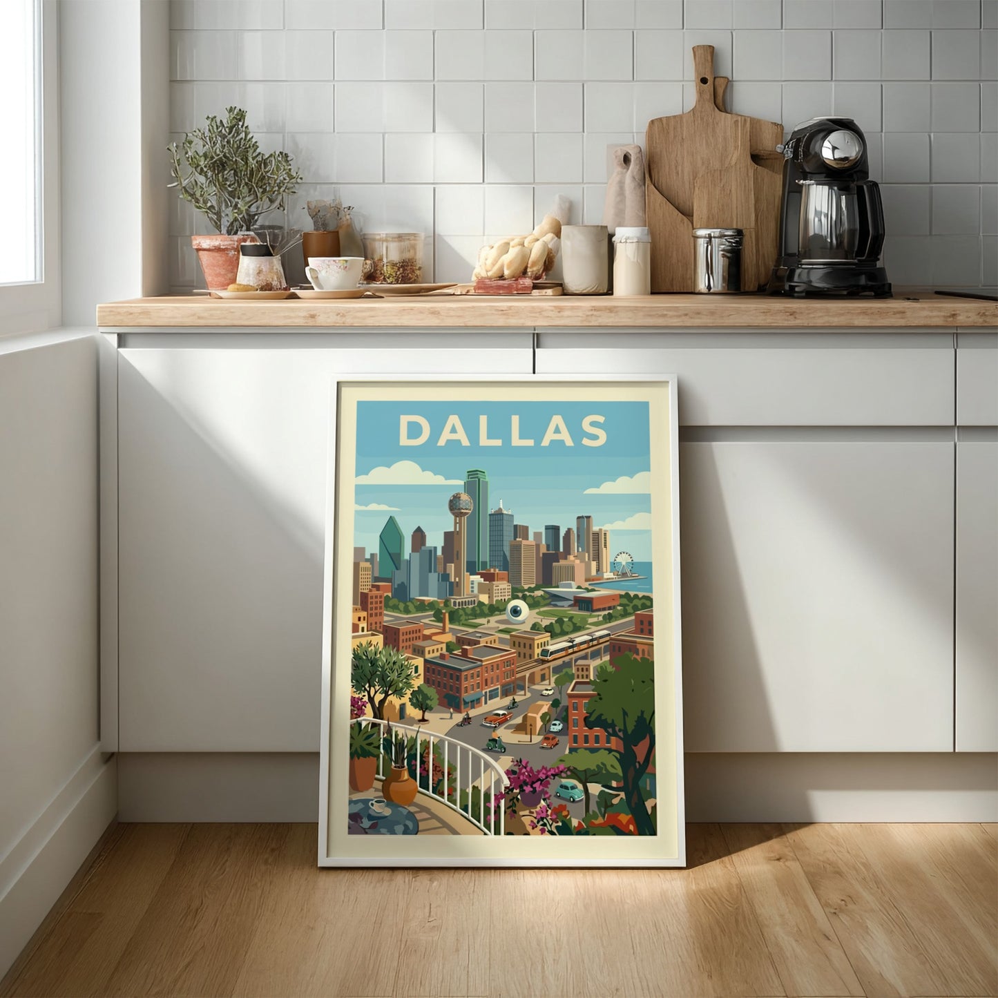 Retro Dallas skyline poster with Reunion Tower, featuring a stylized cityscape in warm colors.