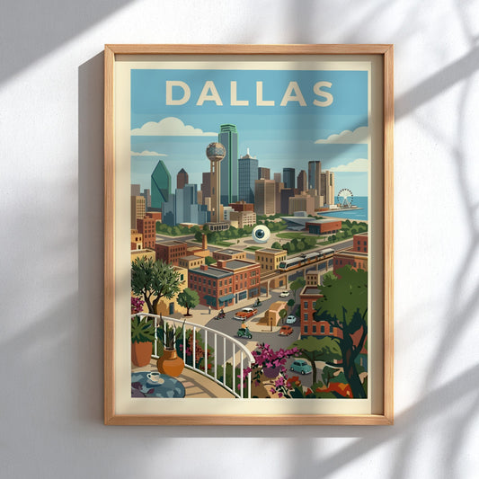Retro Dallas skyline poster with Reunion Tower, featuring a stylized cityscape in warm colors.