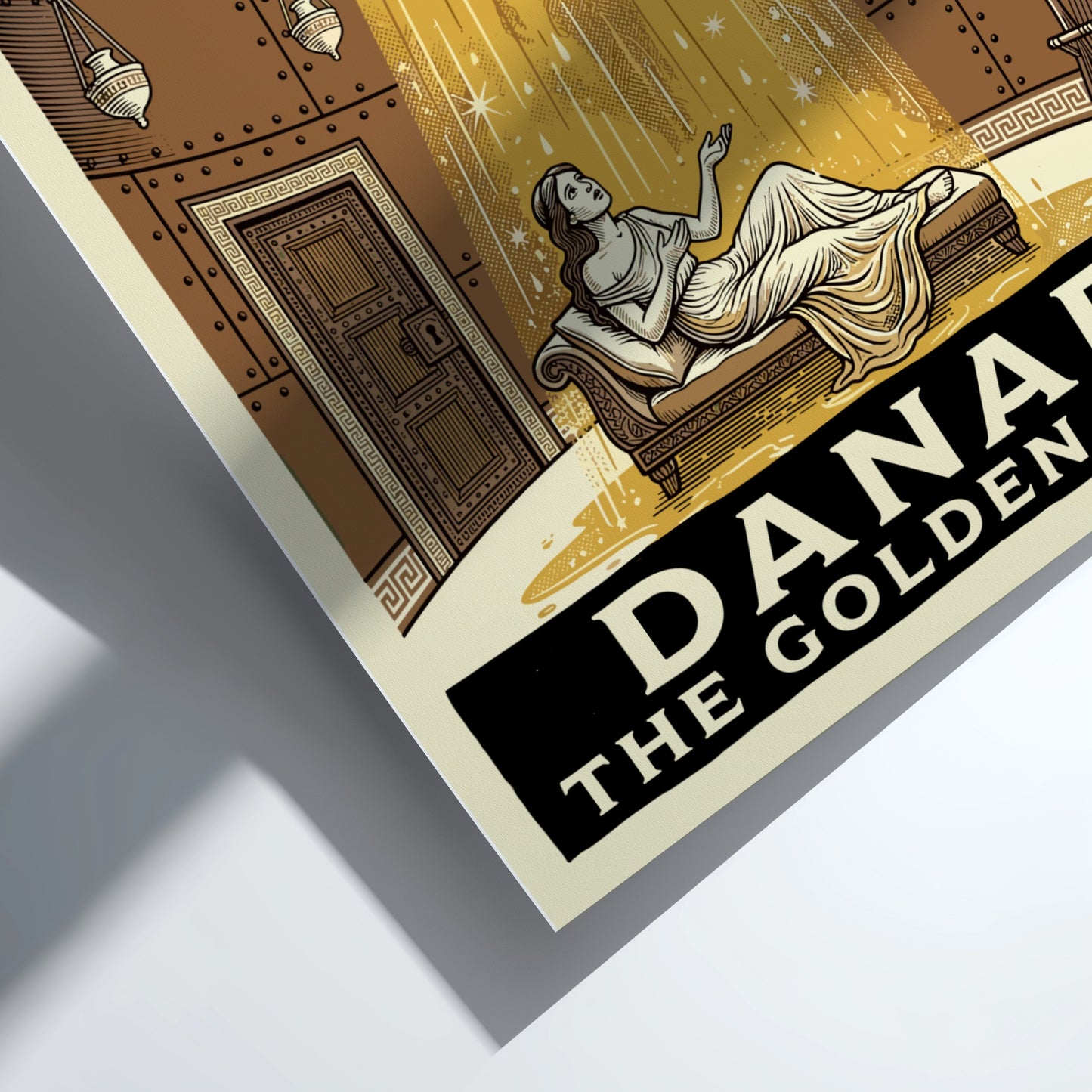Danae Golden Rain poster featuring a woman reclining as golden rain falls from above, Greek mythology art.