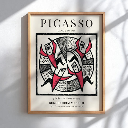 Dance of Joy poster featuring bold colors and dynamic shapes inspired by Picasso
