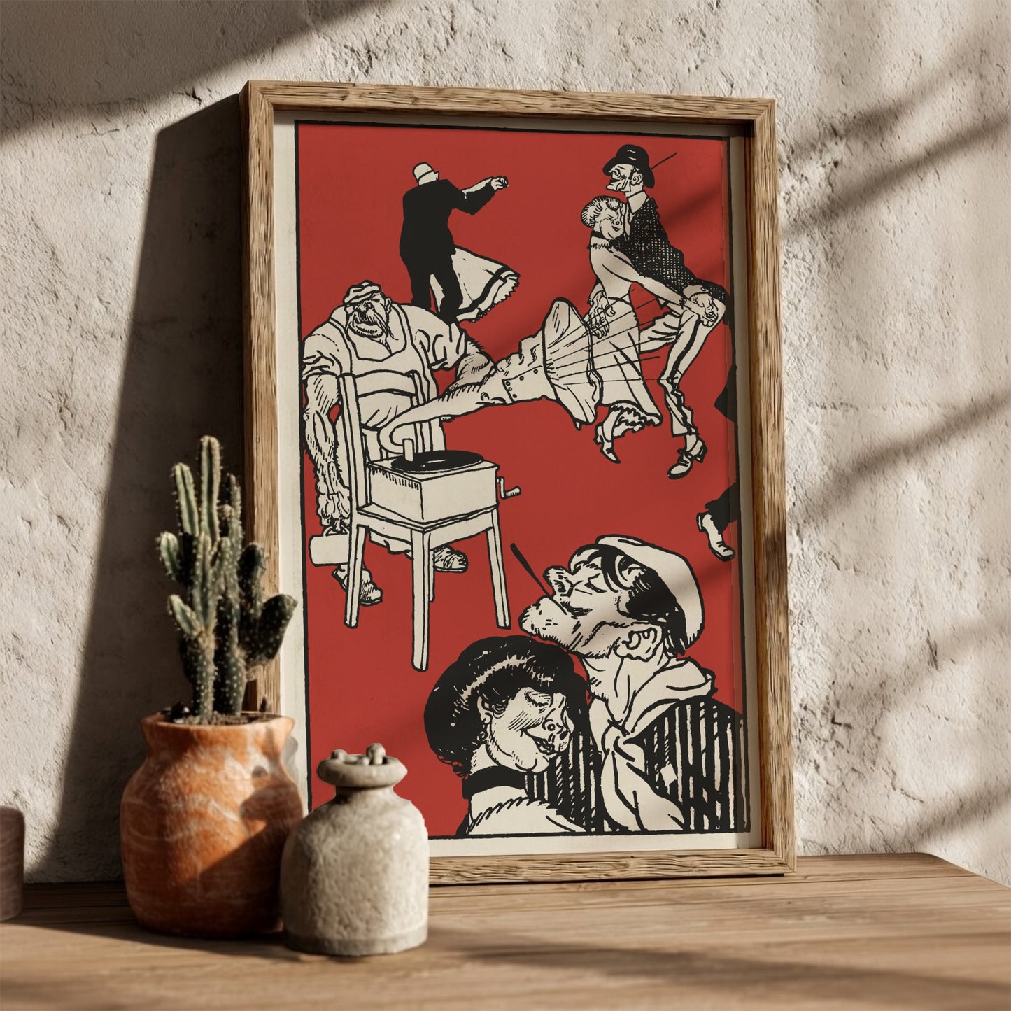 Vintage illustration poster of "Dancers" by Moriz Jung in black and red on a cream background.