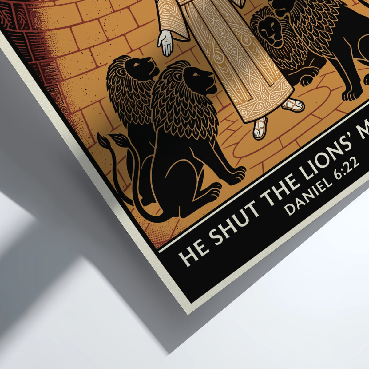 Poster displaying a man standing among four lions inside a brick den with text.