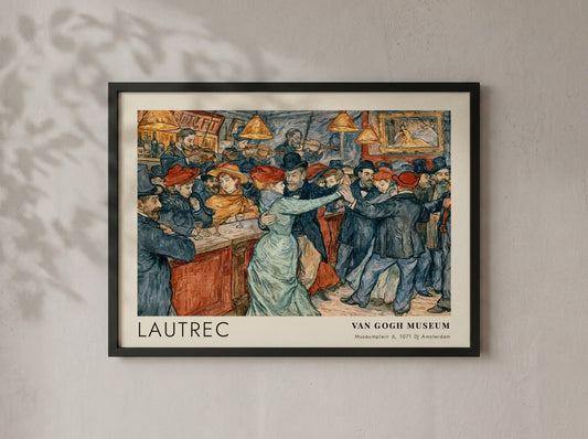 Wall art poster featuring a Lautrec cabaret dance scene with vintage figures dancing