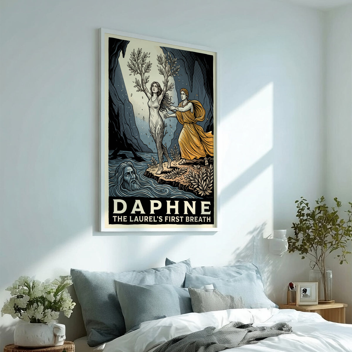 Poster of Daphne transforming into a laurel tree with golden hues and river god.