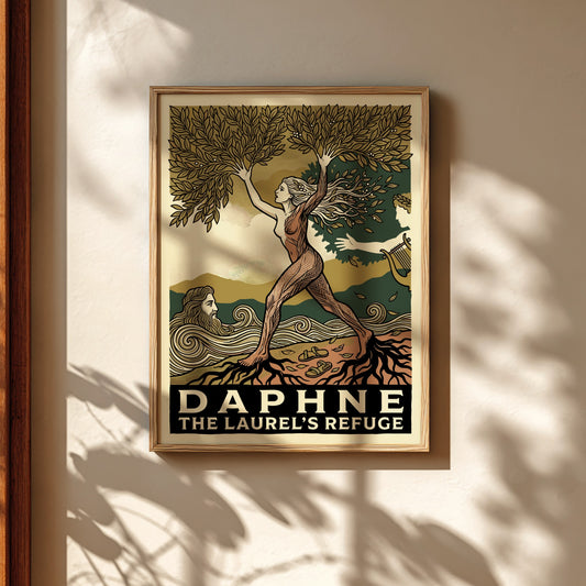Daphne Greek mythology poster in linocut style, featuring the nymph transforming into a laurel tree.