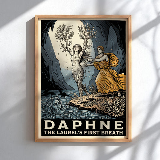 Poster of Daphne transforming into a laurel tree with golden hues and river god.
