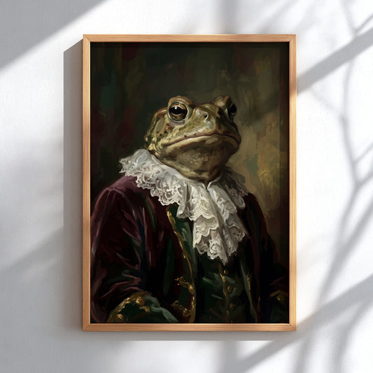 Poster featuring an aristocratic frog wearing a plum jacket and lace ruff, dark aesthetic.