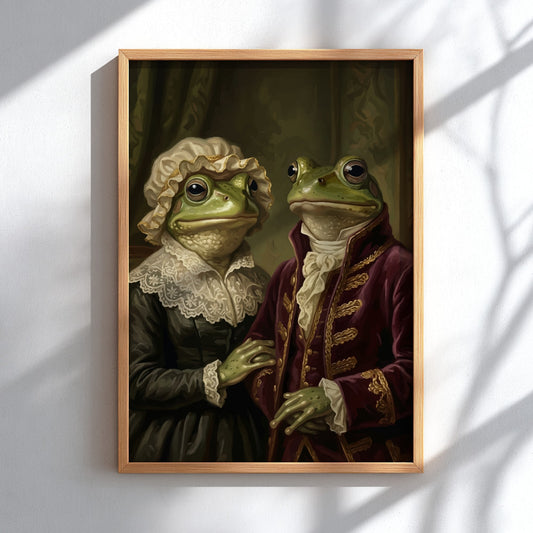 Poster featuring a Victorian frog couple in formal attire with dark academia aesthetic