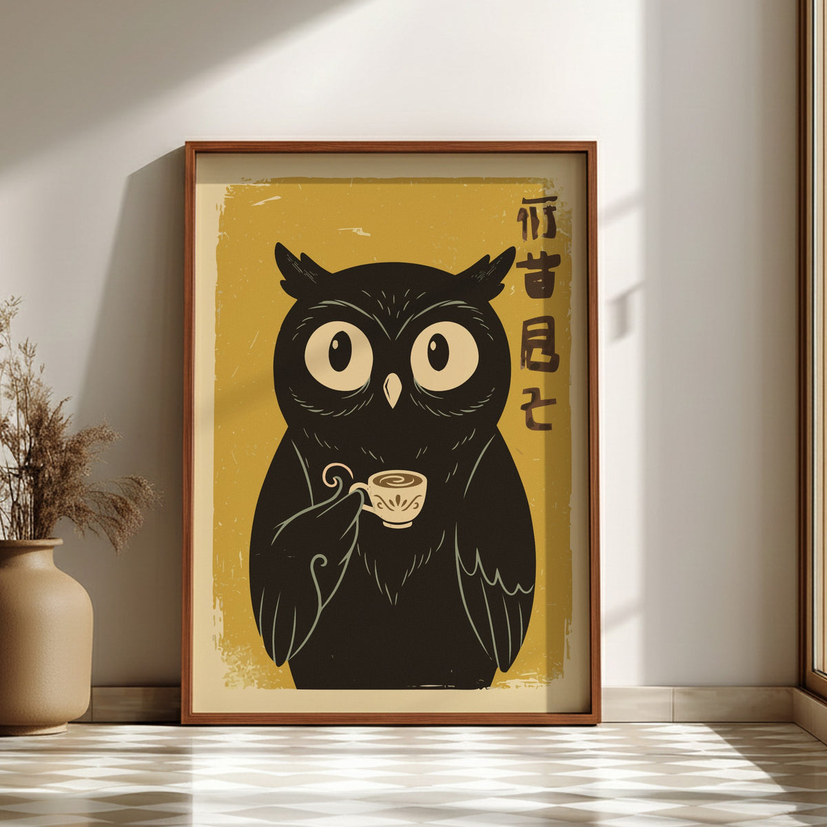 Black Owl Drinking Tea Poster – Cute Retro Japanese Kitchen Art Print