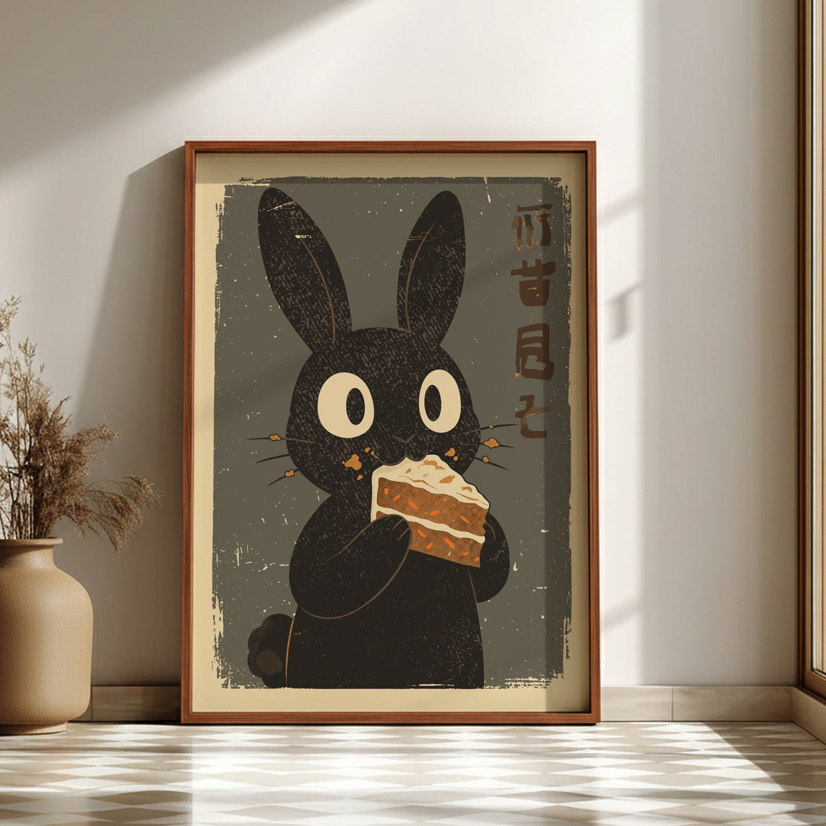 Black Rabbit Eating Carrot Cake Poster – Funny Retro Kitchen Art Print