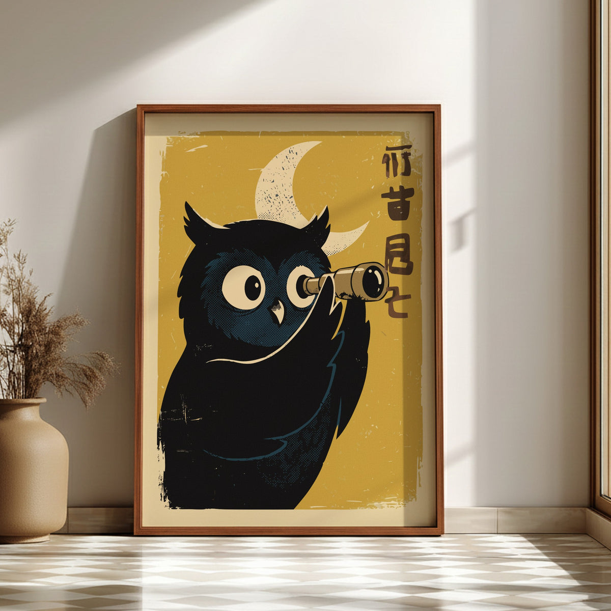 Black Owl Stargazing Poster – Dreamy Retro Japanese Bedroom Art Print