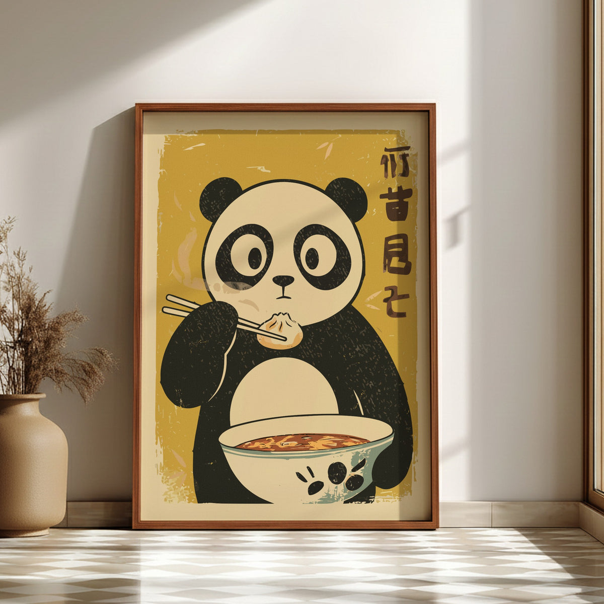 Panda Eating Dumplings Poster – Funny Retro Japanese Kitchen Art Print