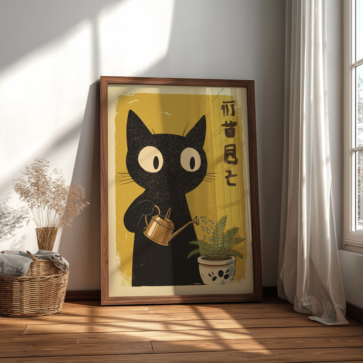 Black Cat Watering Plant Poster – Retro Japanese Gardener Art Print