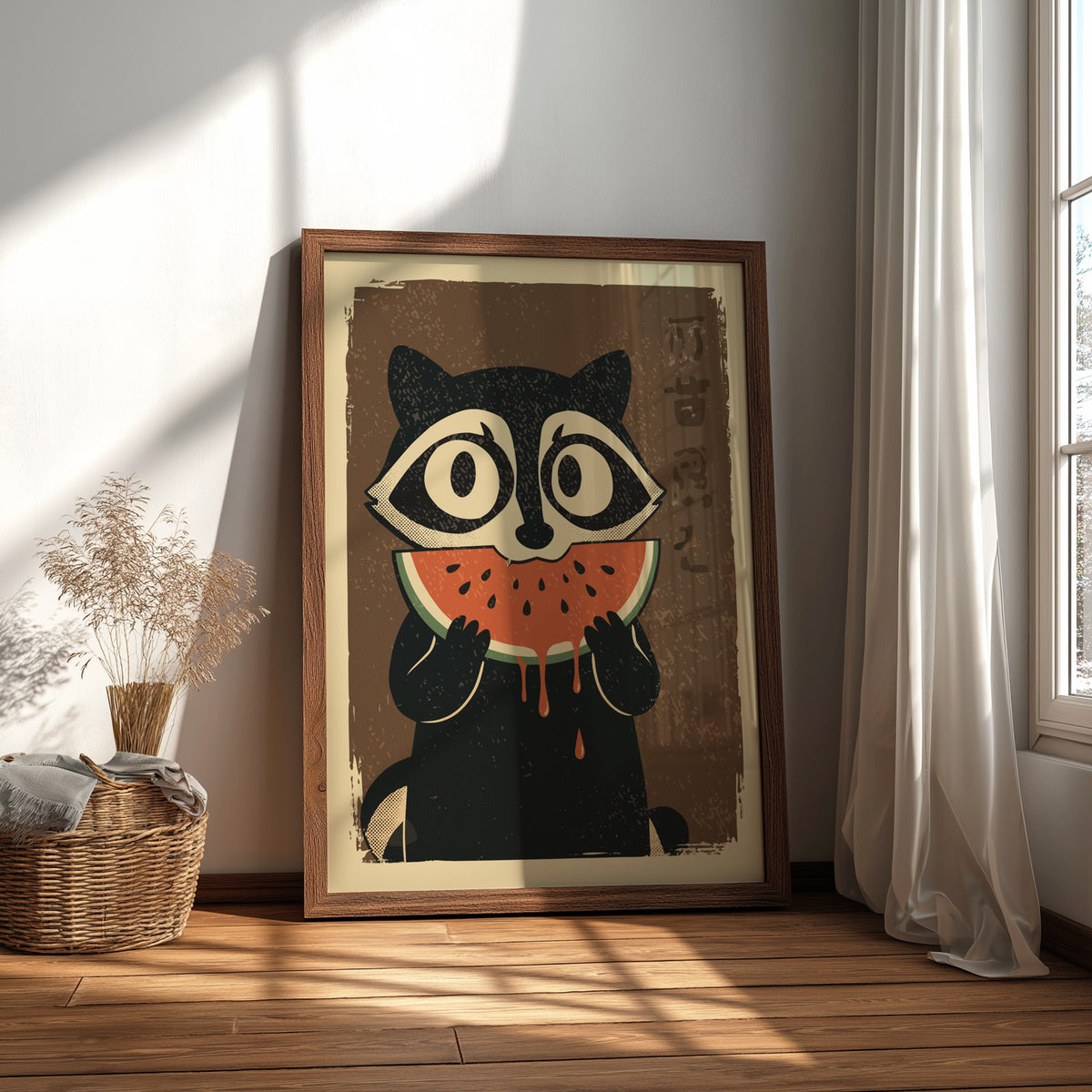 Raccoon Eating Watermelon Poster – Funny Retro Summer Fruit Art Print