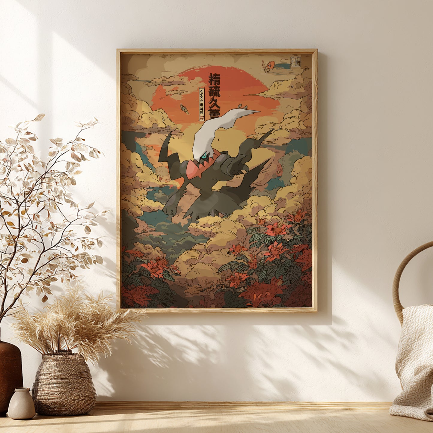 Framed artwork with a Darkrai Pokemon design on a wall in a room with decor elements.