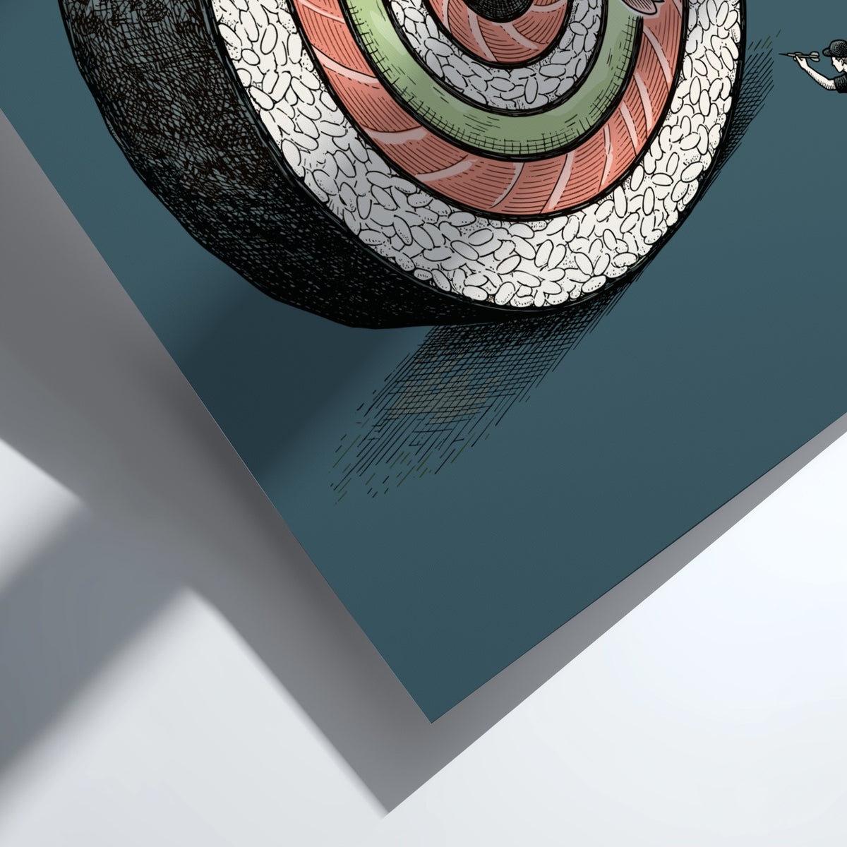 Poster featuring a giant sushi roll target with a person throwing a dart