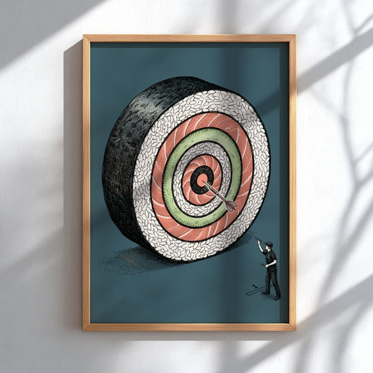 Poster featuring a giant sushi roll target with a person throwing a dart