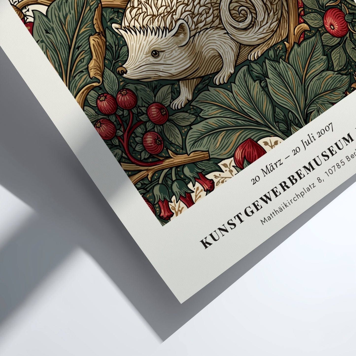 William Morris poster featuring hedgehog and berries in earthy tones