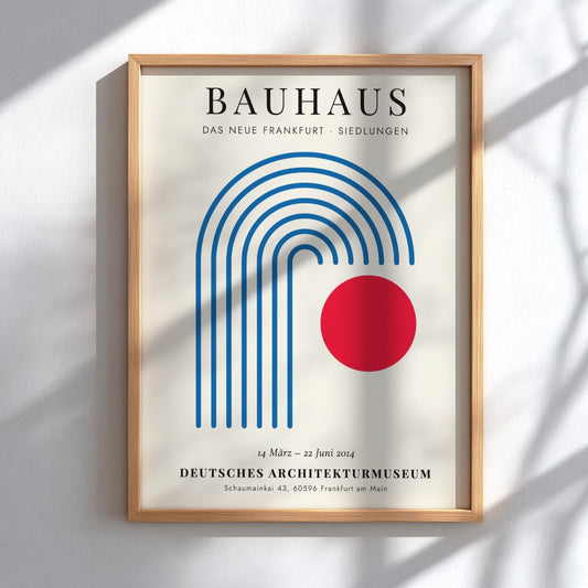 Bauhaus poster featuring geometric shapes and a red circle, modern design art