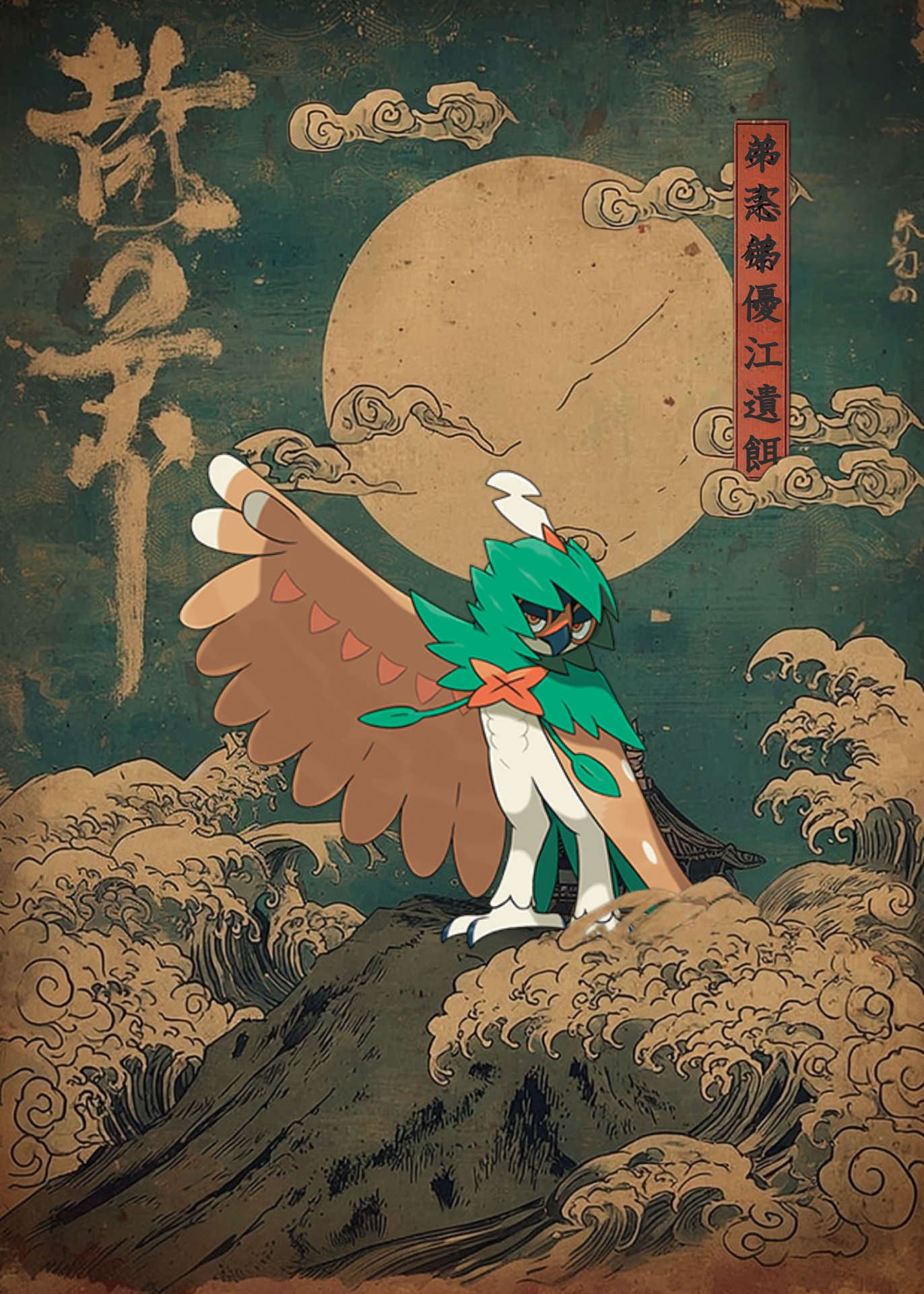 Decidueye Pokemon character with large wings standing on a mountain with a moon in the background
