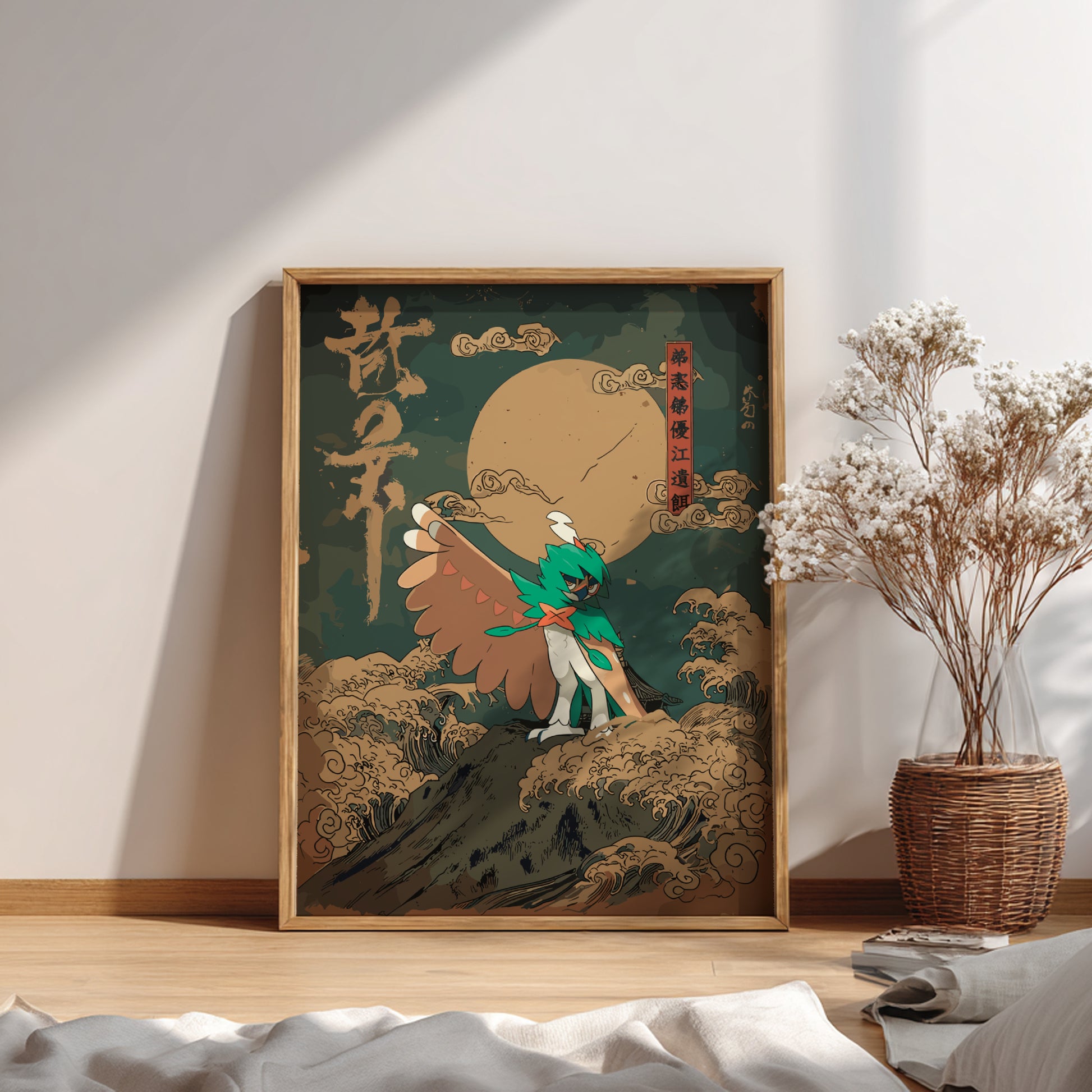 Framed artwork of a traditional Japanese scene with Decidueye Pokemon on a mountain, placed on a wooden floor.