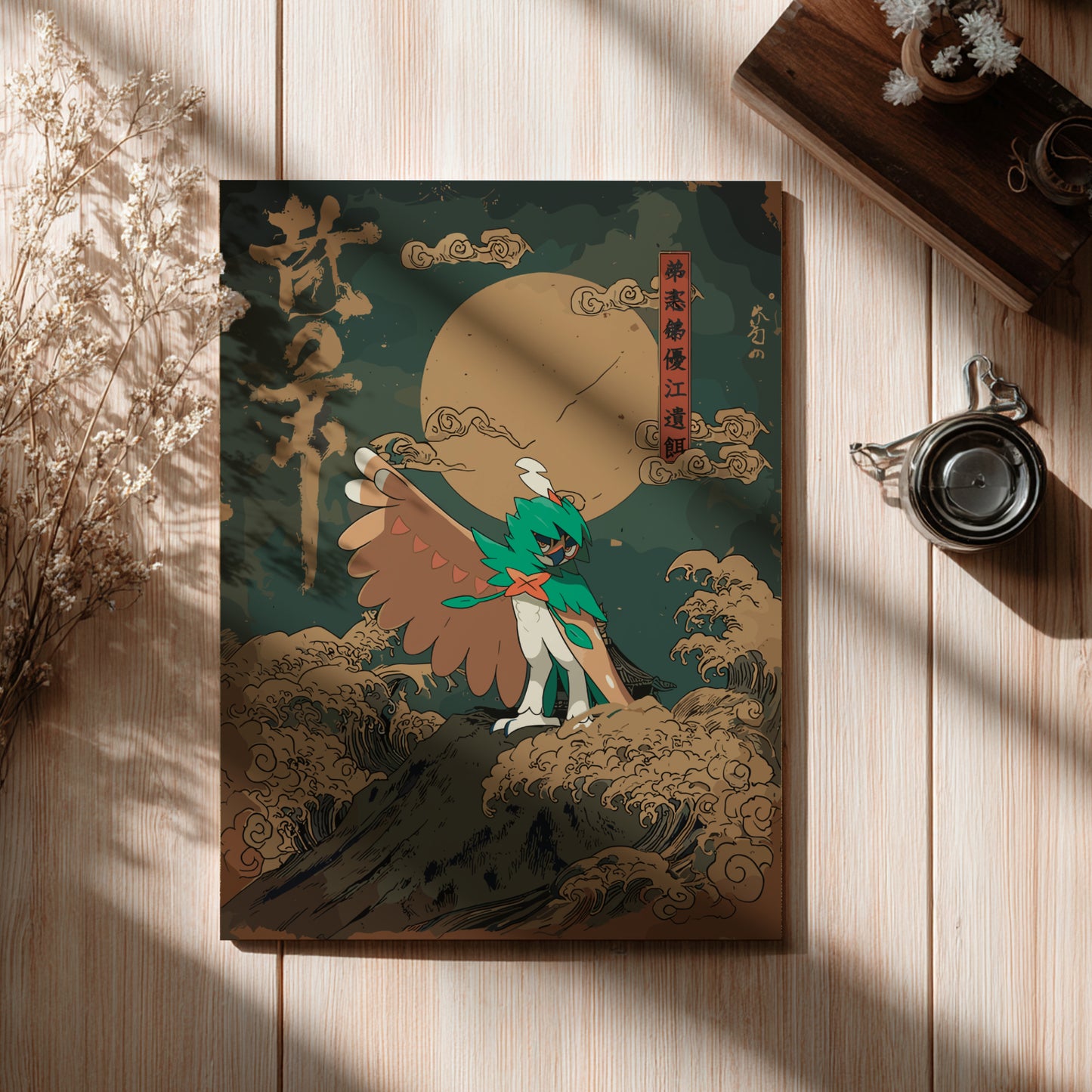 Poster with a design featuring Decidueye Pokemon against a moonlit sky on a wooden surface.