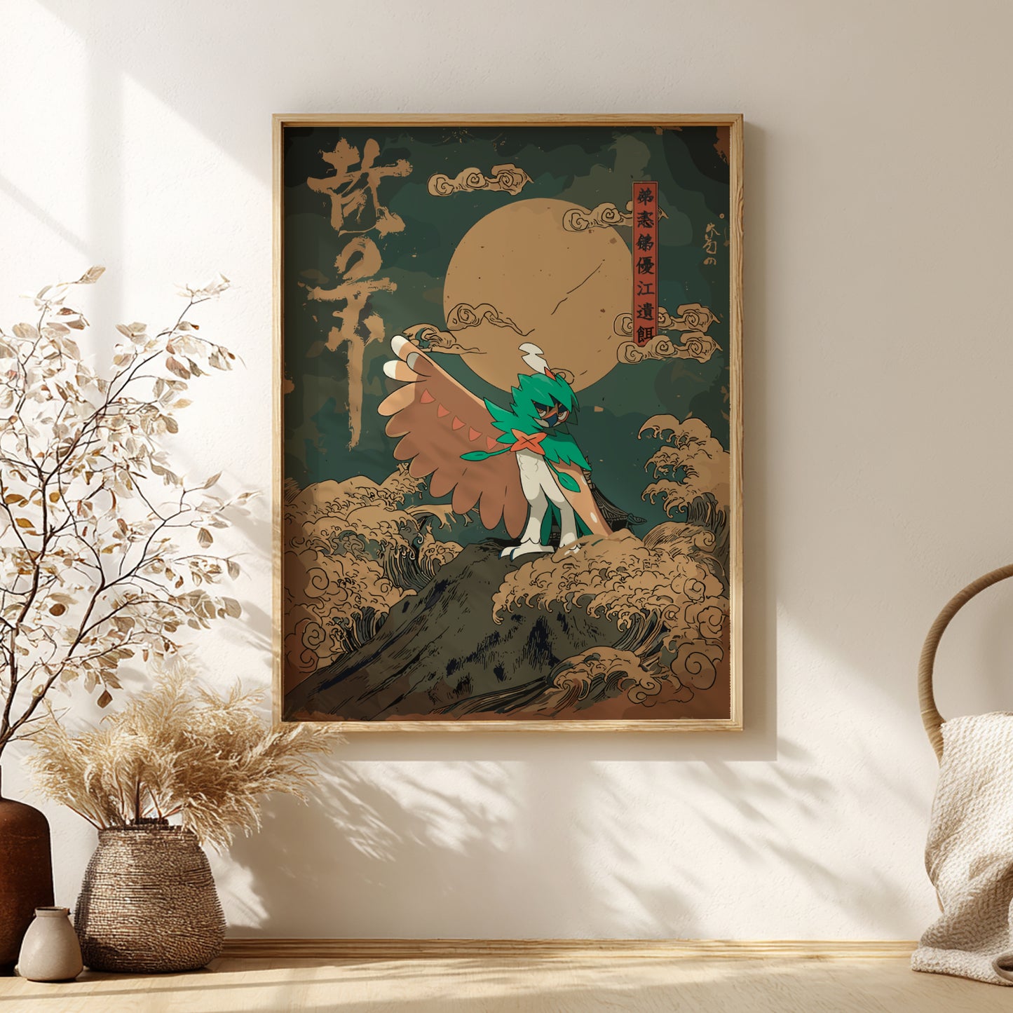 Framed artwork with Decidueye Pokemon on a mountain against a moonlit sky, placed on a wall with decorative elements.